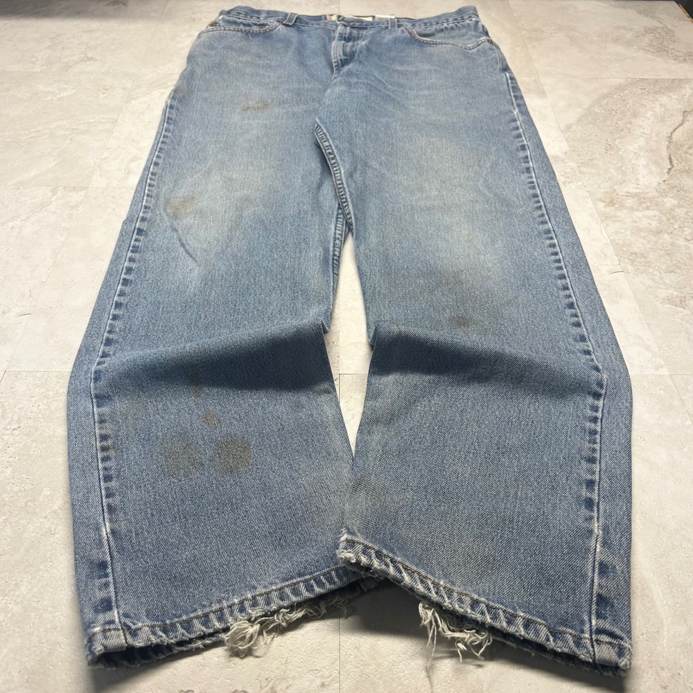 Levis 505 Regular Fit Jeans Light Wash Blue Mens 36x32 Distressed Workwear